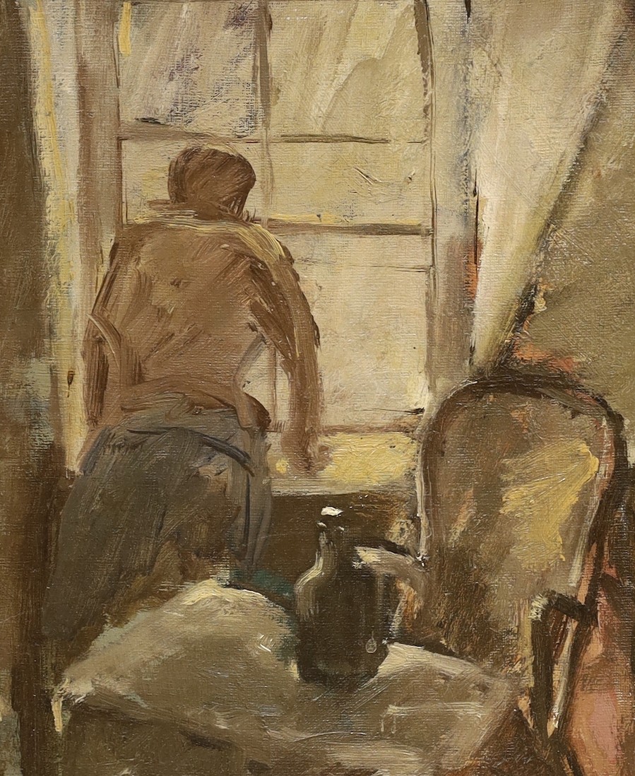 Richard Ian Bentham Walker (1925-2009), oil on board, Figure looking out of a window, 29 x 23cm.